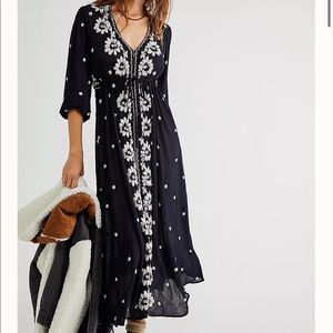 Free people embroidered fable midi dress, black size medium